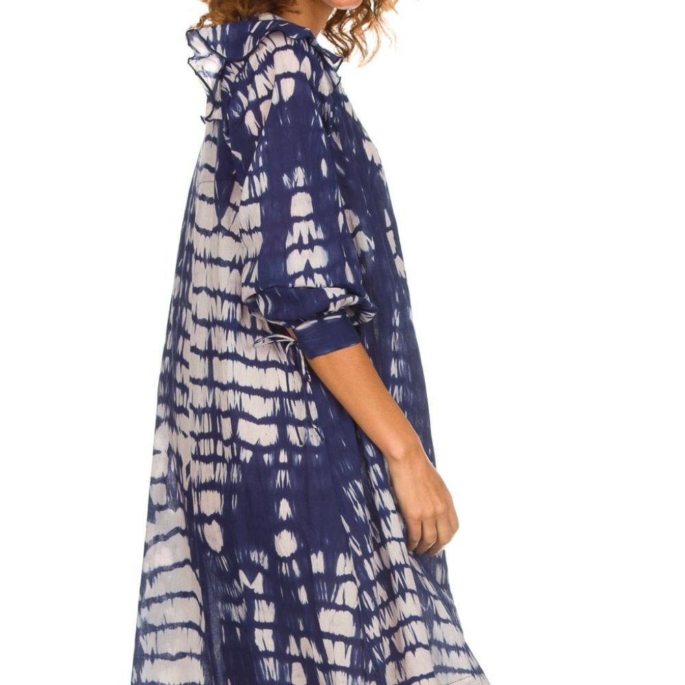 Antik Batik Atlas Dress Blue White Tie Dye Ruffle Long Sleeve Cotton